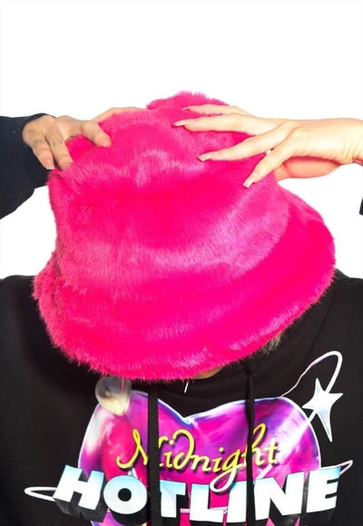 Festival faux fur bucket hat fluffy neon hat rave cap pink