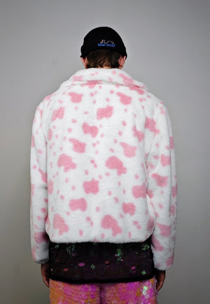 Cow trench coat pink white cropped animal print plush jacket