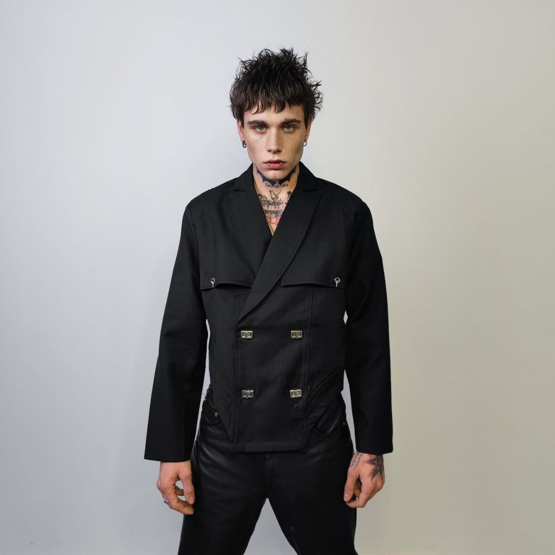 Asymmetric blazer hip showing rocker jacket utility crop bomber military gorpcore coat smart catwalk jacket unusual padded coat in black