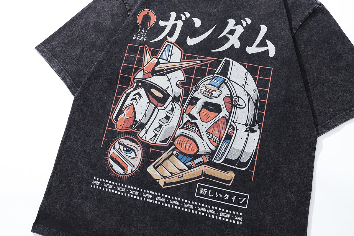 Robot print t-shirt anime tee retro Japanese top in vintage grey