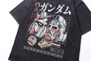 Robot print t-shirt anime tee retro Japanese top in vintage grey