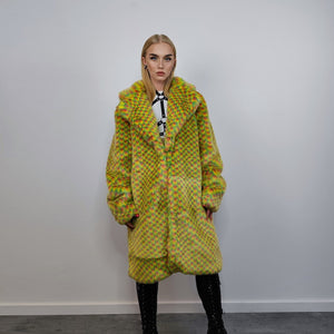 Checked faux fur longline coat geometric trench bright raver bomber fluffy winter fleece festival jacket neon burning man coat in yellow