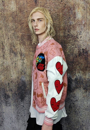 Heart patch varsity jacket faux leather sleeve bomber pink