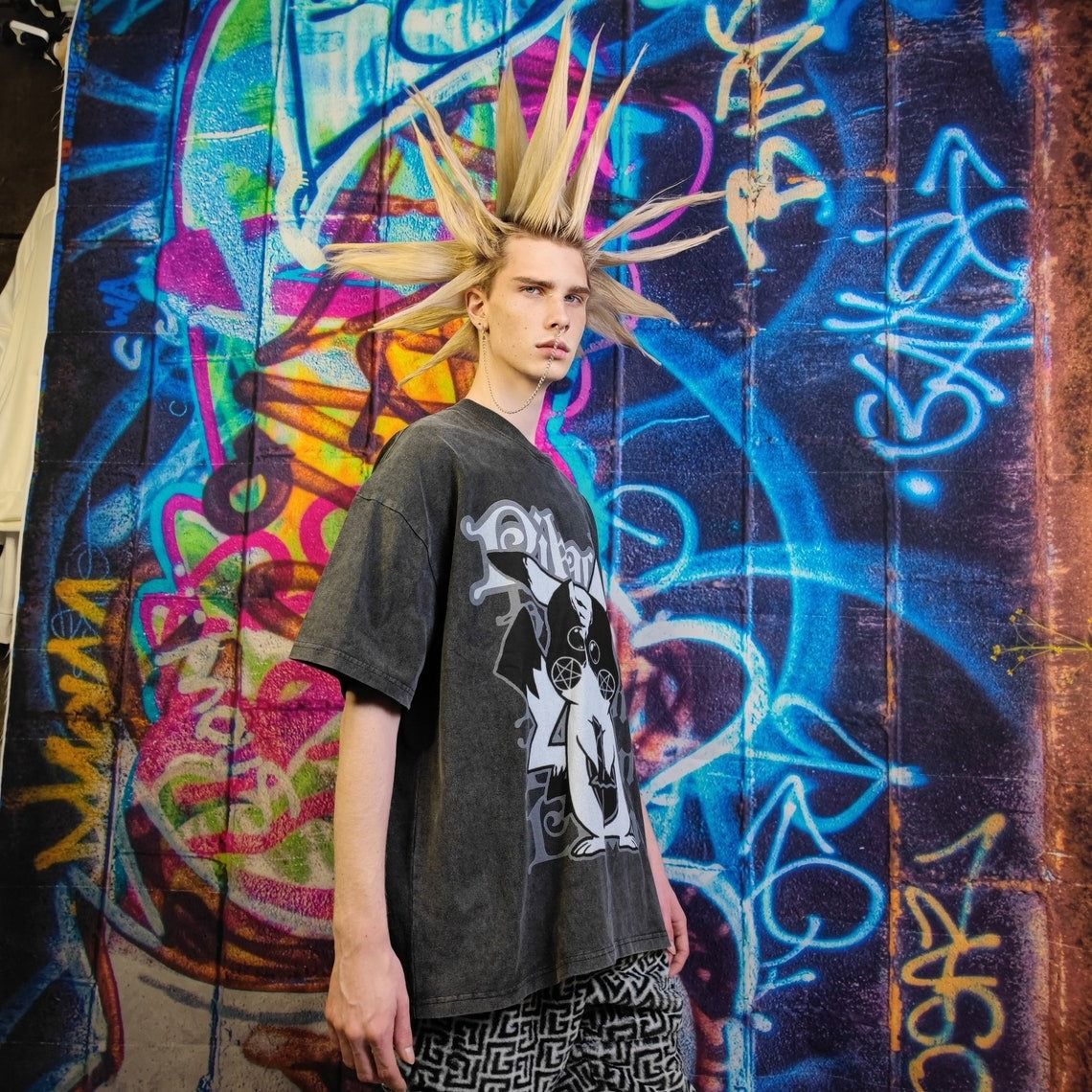 Pokemon t-shirt premium vintage wash Pikachu tee retro Nintendo grunge top Gothic cartoon jumper in acid grey