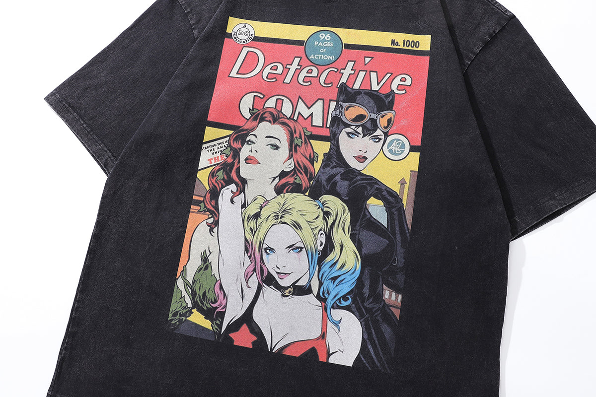 Retro comics t-shirt girl power tee old poster top in vintage grey