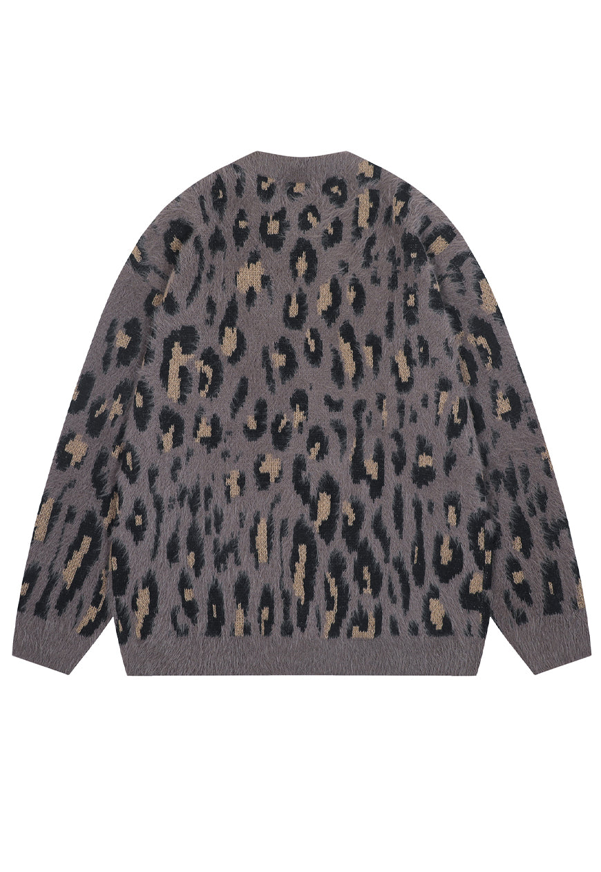Fluffy leopard cardigan animal print fuzzy jumper in brown