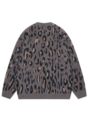 Fluffy leopard cardigan animal print fuzzy jumper in grey