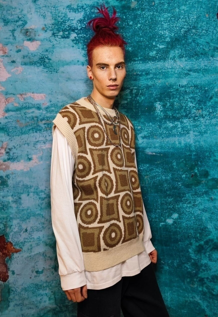 Geometric print sleeveless sweater preppy cardigan in brown