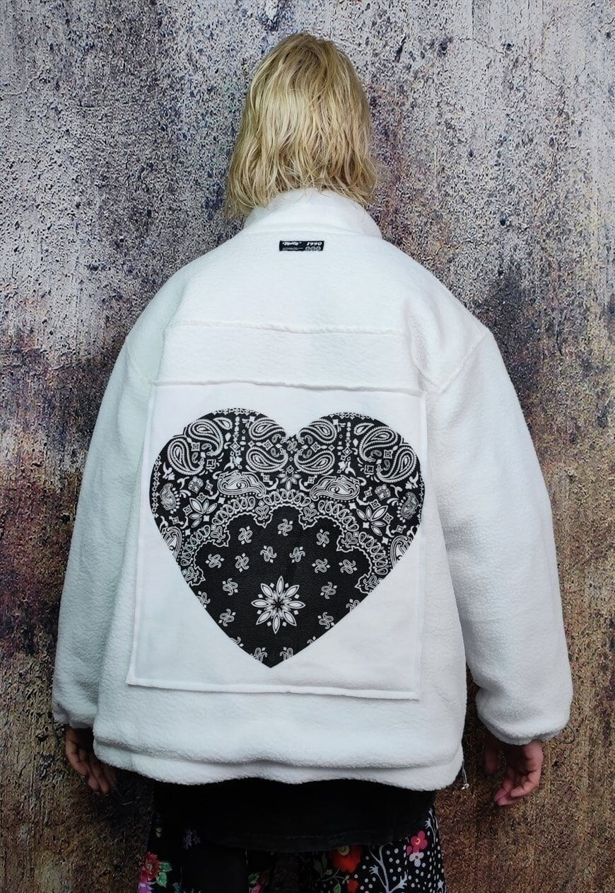 Fleece bomber heart patch puffer paisley jacket in cream
