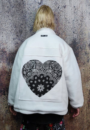 Fleece bomber heart patch puffer paisley jacket in cream