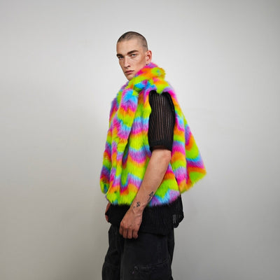 Rainbow faux fur coat crop striped trench festival zigzag jacket furry overcoat carnival bomber party peacoat psycho wide rave fleece Green