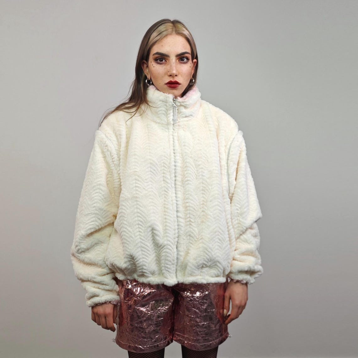 Cropped track jacket pink gold embellished coat reversible fleece short rave bomber sports set burning man outfit festival overcoat carnival