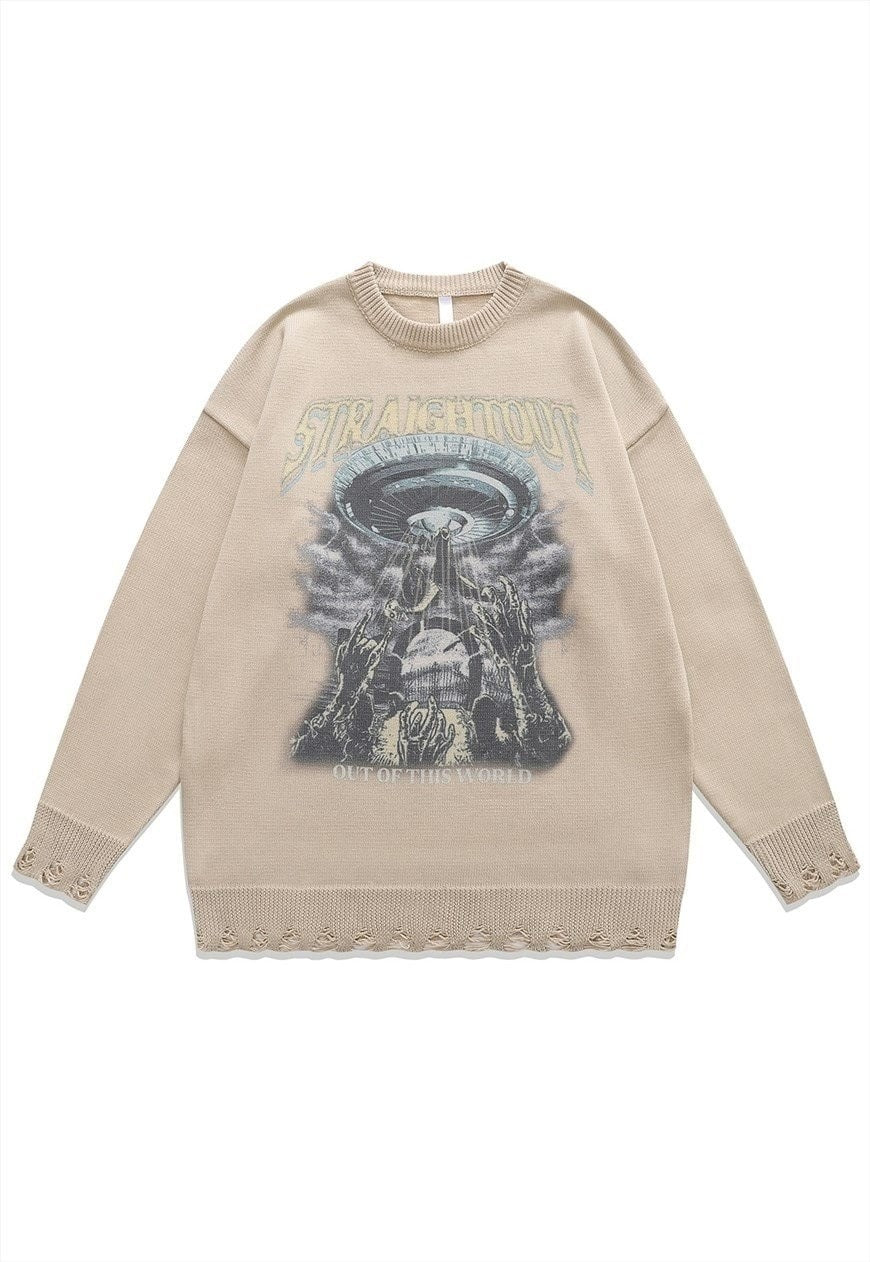 Alien zombie sweater creepy knit distressed jumper in grey