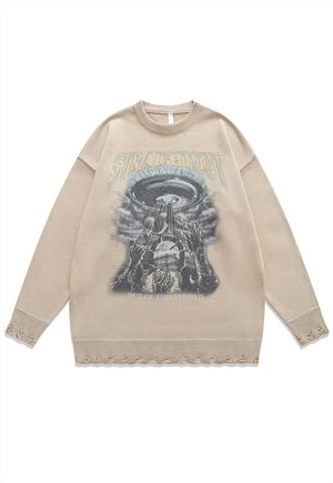 Alien zombie sweater creepy knit distressed jumper in grey