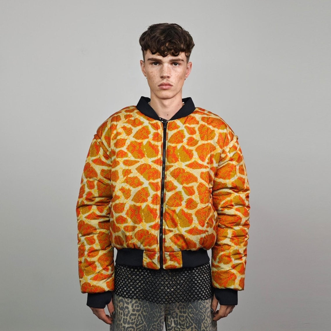 Giraffe bomber animal print jacket orange wildlife reversible college varsity detachable sleeves handmade raver puffer tribal African coat