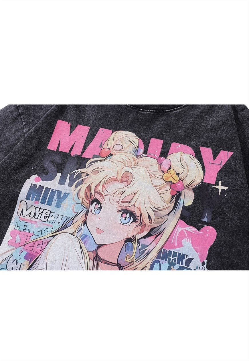 Anime print t-shirt  retro Japanese top grey