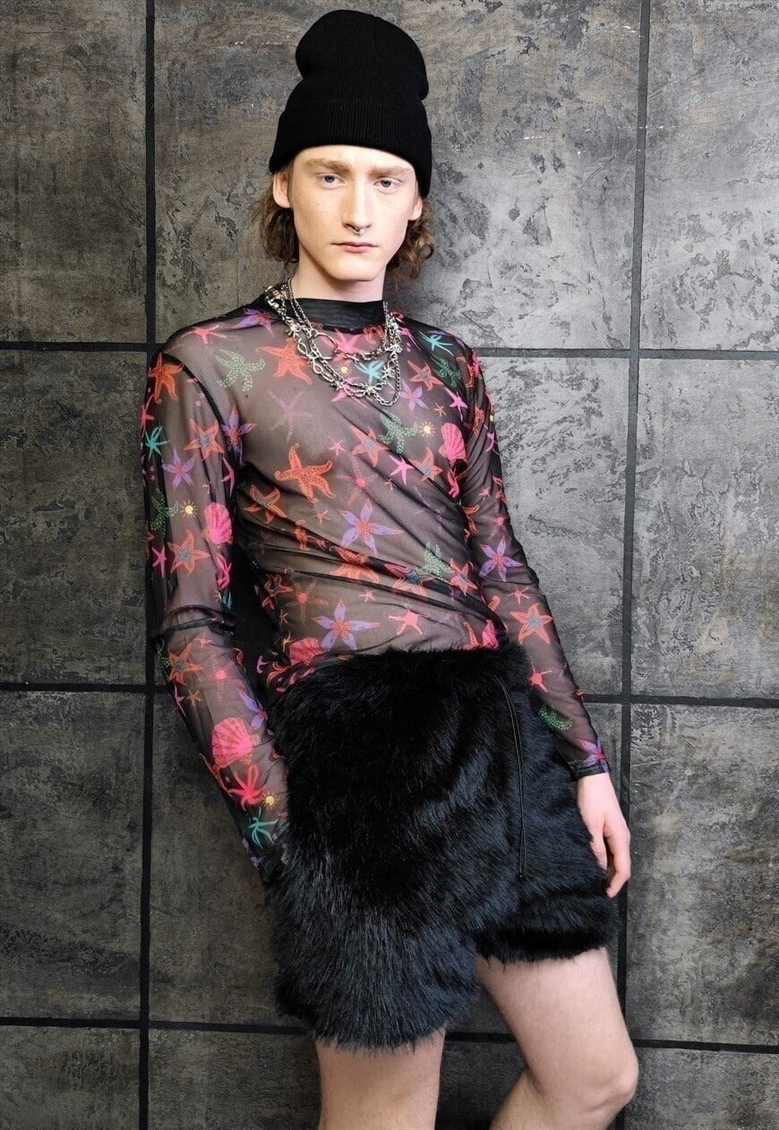 Luxury faux fur shorts handmade premium fleece pants black