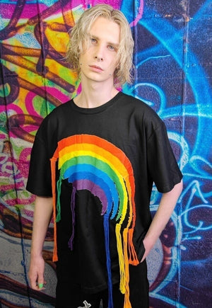 Rainbow t-shirt reworked rope top thread patch tee in black