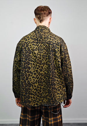 Leopard denim shirt green animal print jean blouse punk top