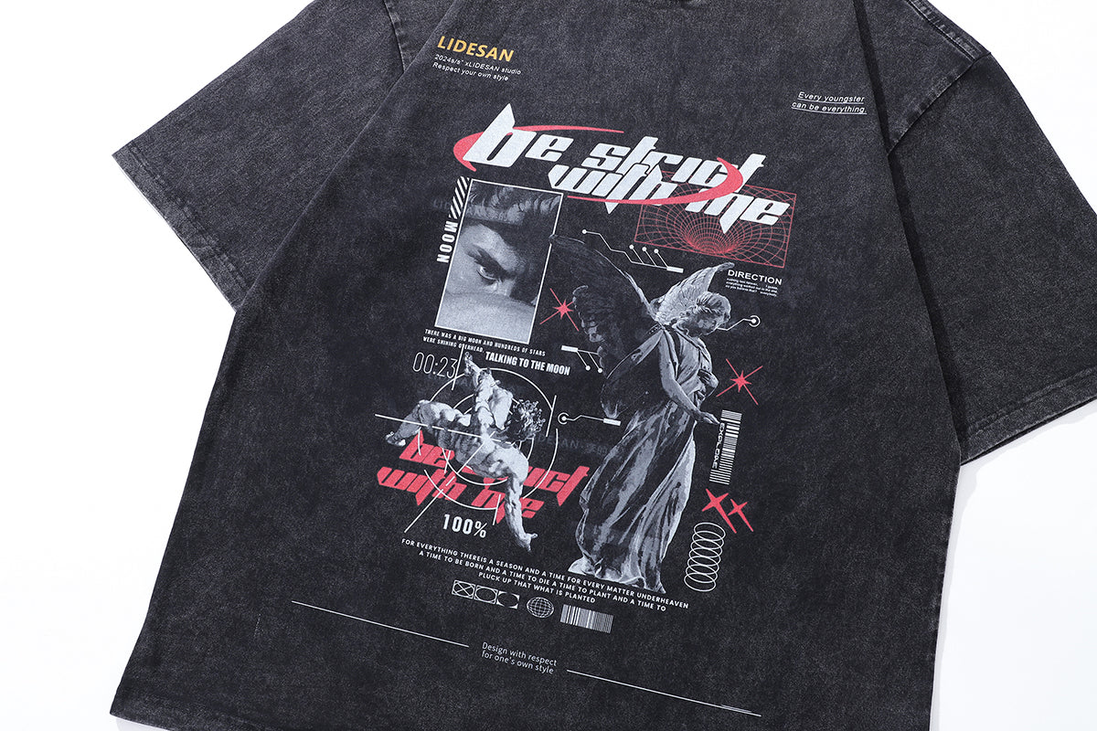 Cyberpunk t-shirt angel print tee futuristic grunge top in vintage grey