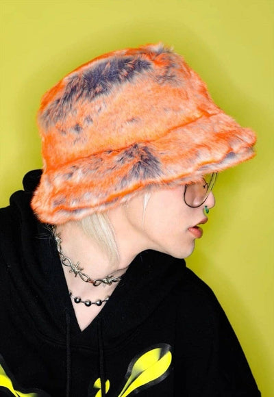 Festival faux fur bucket hat fluffy neon hat rave cap orange