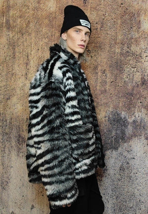 Faux fur stripe jacket retro fluffy fleece zebra bomber grey