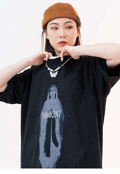 Innocent slogan t-shirt Virgin Mary tee saint print top grey