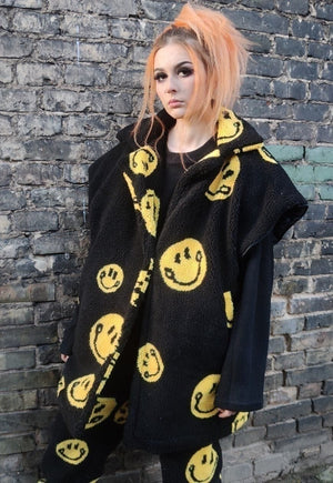 Emoji fleece jacket handmade 2 in 1 retro smile coat black