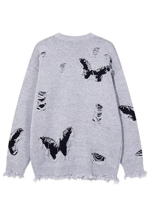 Ripped gothic sweater shredded butterfly pattern jumper grey