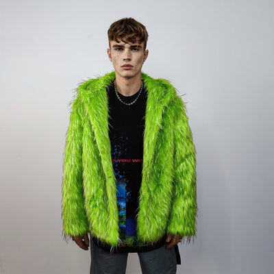 Hooded shaggy faux fur jacket neon bomber bright raver coat fluffy winter fleece luminous festival overcoat burning man fuzzy trench green