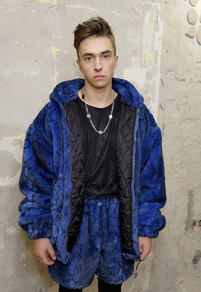 Snake fleece jacket detachable handmade Python bomber blue