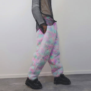 Marshmallow faux fur joggers pastel raver pants fluffy rainbow trousers ski fleece tie-dye overalls festival bottoms burning man pants pink