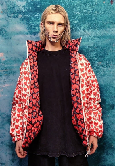 Heart print bomber handmade detachable retro love emoji puffer devil horn reversible grunge jacket two sided raver coat in red and white