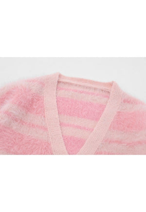 Horizontal stripe cardigan knitted jumper fluffy fleece top