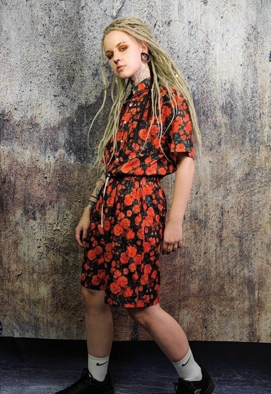 Floral sports set rose pattern shirt & shorts combo in red