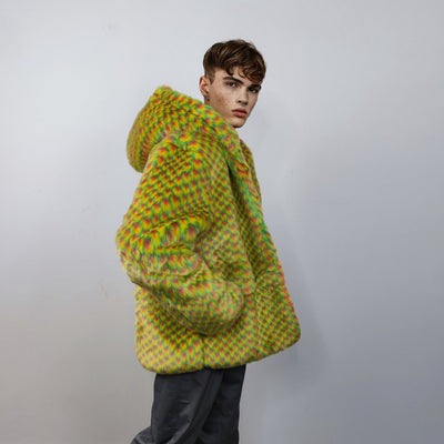 Checked faux fur hooded jacket geometric bomber bright raver coat fluffy winter fleece festival puffer neon burning man hoodie in yellow