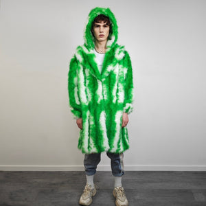 Green tie-dye coat faux fur neon shaggy trench abstract pattern overcoat bright rave bomber detachable festival jacket acid salad peacoat