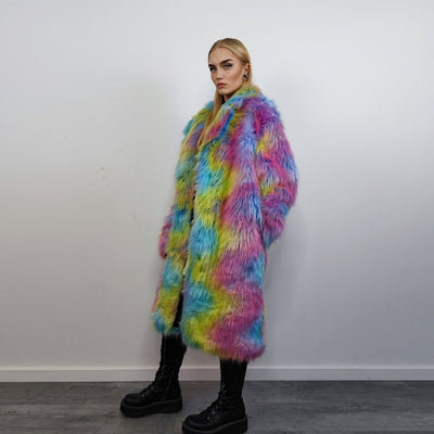 Rainbow Faux fur long coat unicorn trench neon raver bomber fluffy tie-dye fleece psychedelic festival jacket burning man going out coat