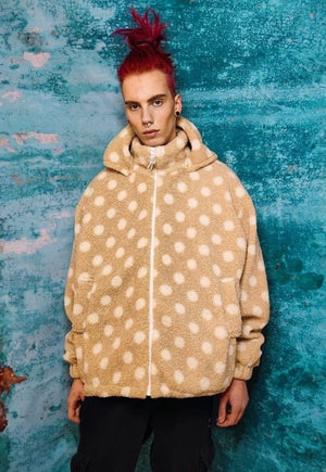 Polka dot fleece hooded jacket handmade retro fluffy coat