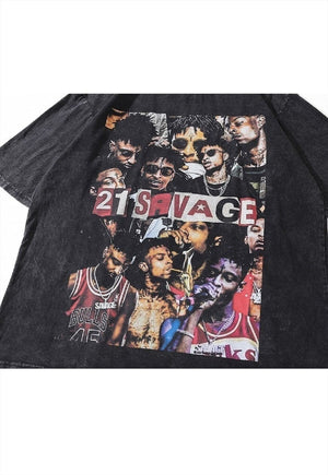 Rapper print t-shirt 21 savage tee hip-hop top in retro grey