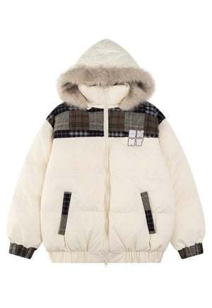 Patchwork parka jacket cream furry collar hooded bomber