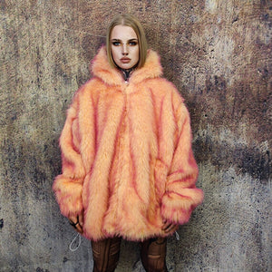 Festival faux fur jacket handmade premium fleece jacket fluffy hooded dual color luxury coat grunge bomber tie-dye puffer neon orange pink