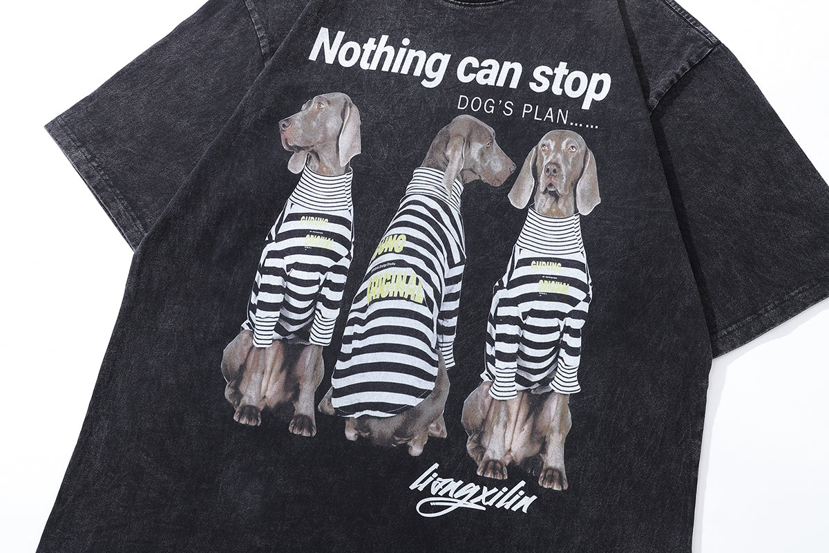 Prisoner t-shirt dog print tee retro cartoon top in vintage grey