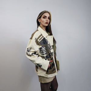 Graffiti denim jacket punk jean bomber utility color block bomber grunge aviator gorpcore festival coat rocker varsity rebel blazer in brown