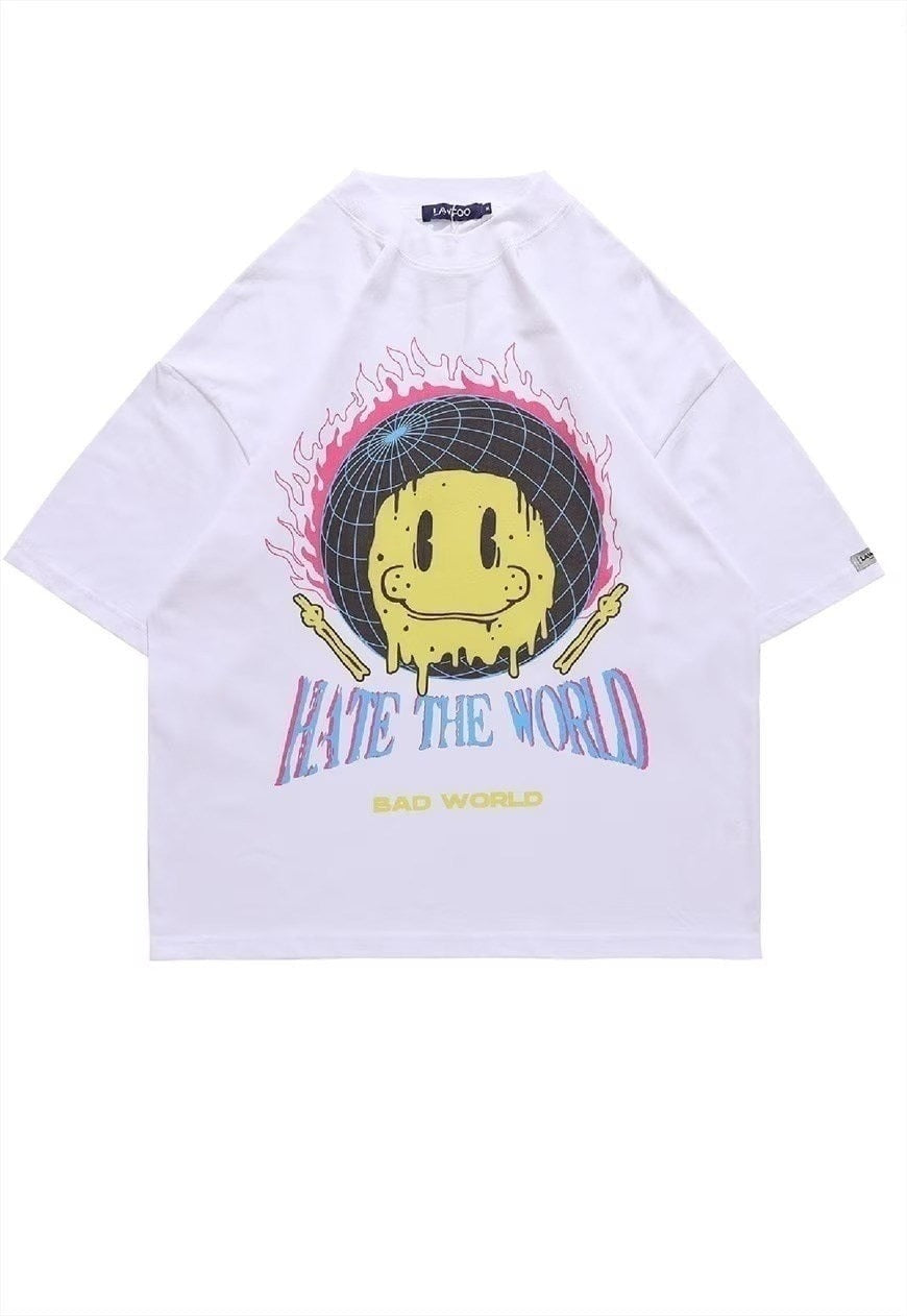 Smile t-shirt retro emoji tee flame print top in black
