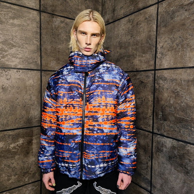 Tie-dye bomber handmade detachable graffiti puffer devil horn jacket abstract gradient print reversible coat in blue orange