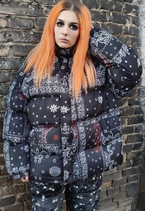 Paisley bomber tie-dye bandanna print scarf puffer jacket