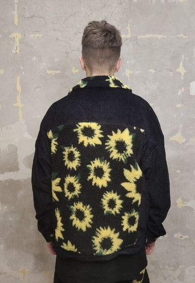 Reworked floral print jacket daisy fleece patch bomber black