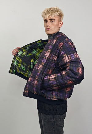 Tie-dye check varsity jacket purple tartan reversible bomber