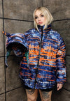 Tie-dye bomber handmade detachable graffiti puffer devil horn jacket abstract gradient print reversible coat in blue orange